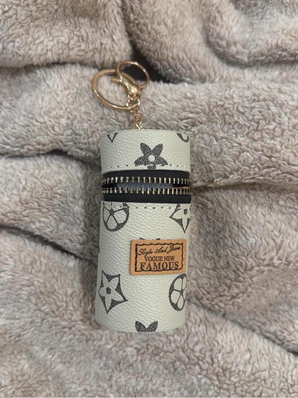 Beige Patterned Keychain Lipstick Holder